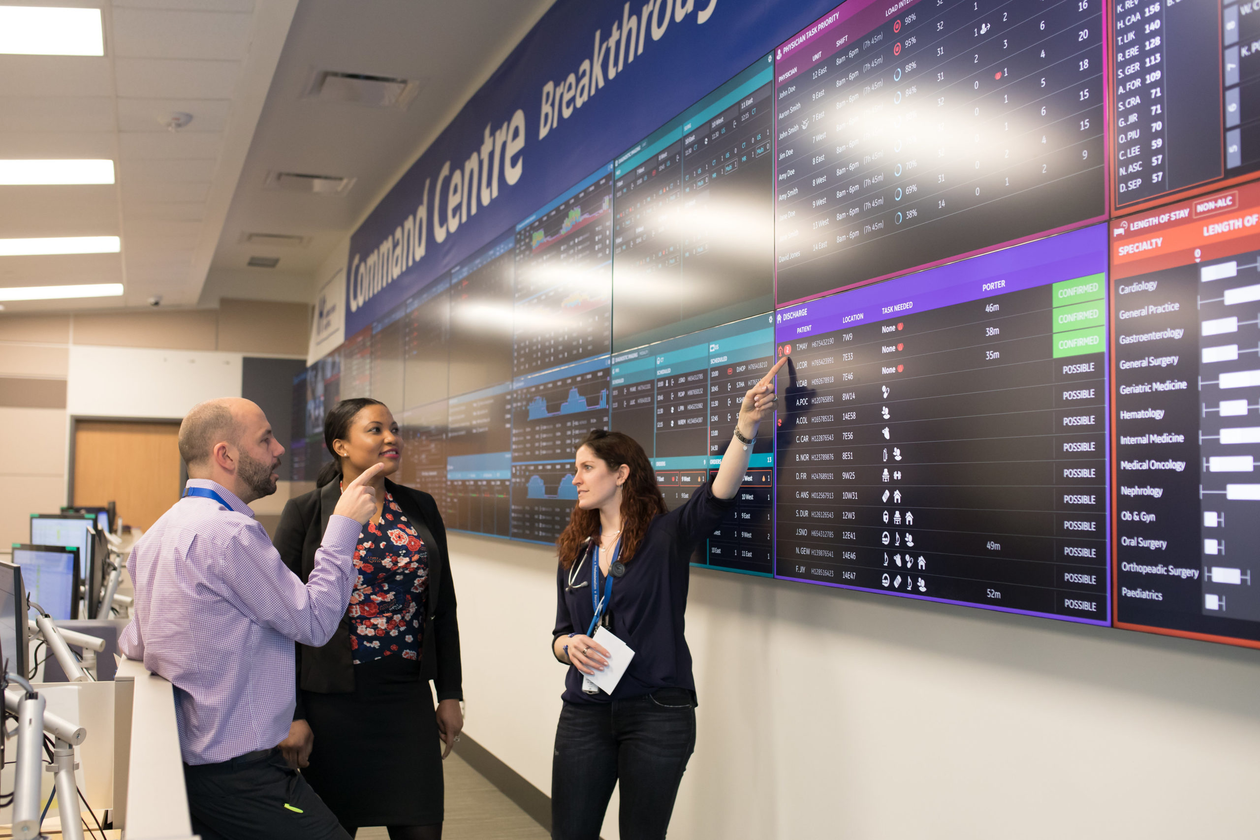 Three staff members point to data on Command Centre screens