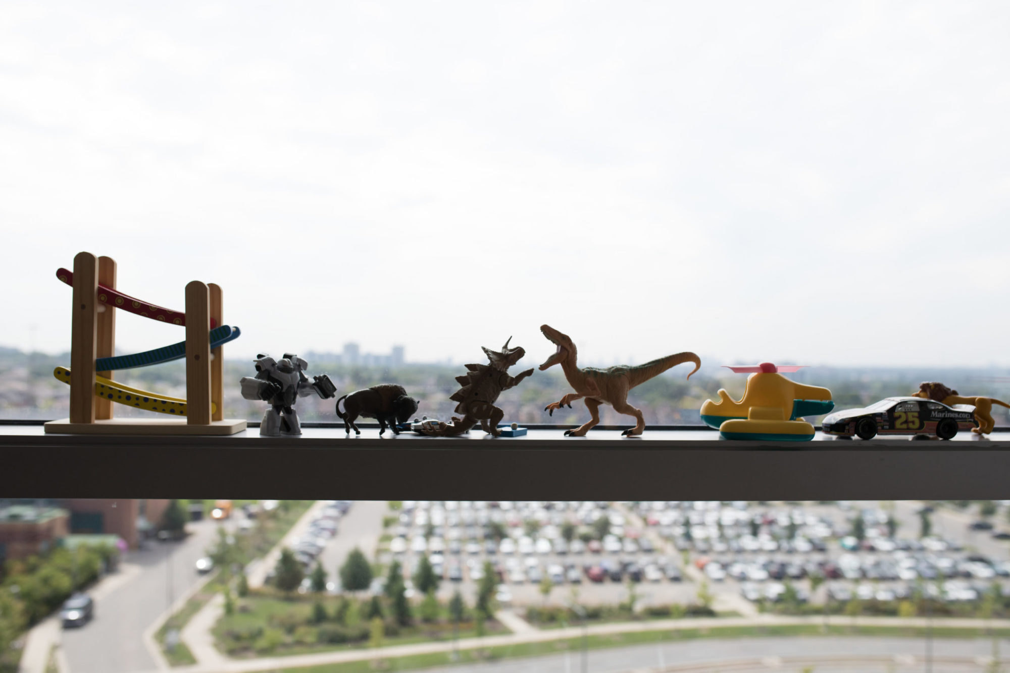 childrens toys lined up on a windowsill in the Child and Adolescent Mental Health Urgent Care Clinic